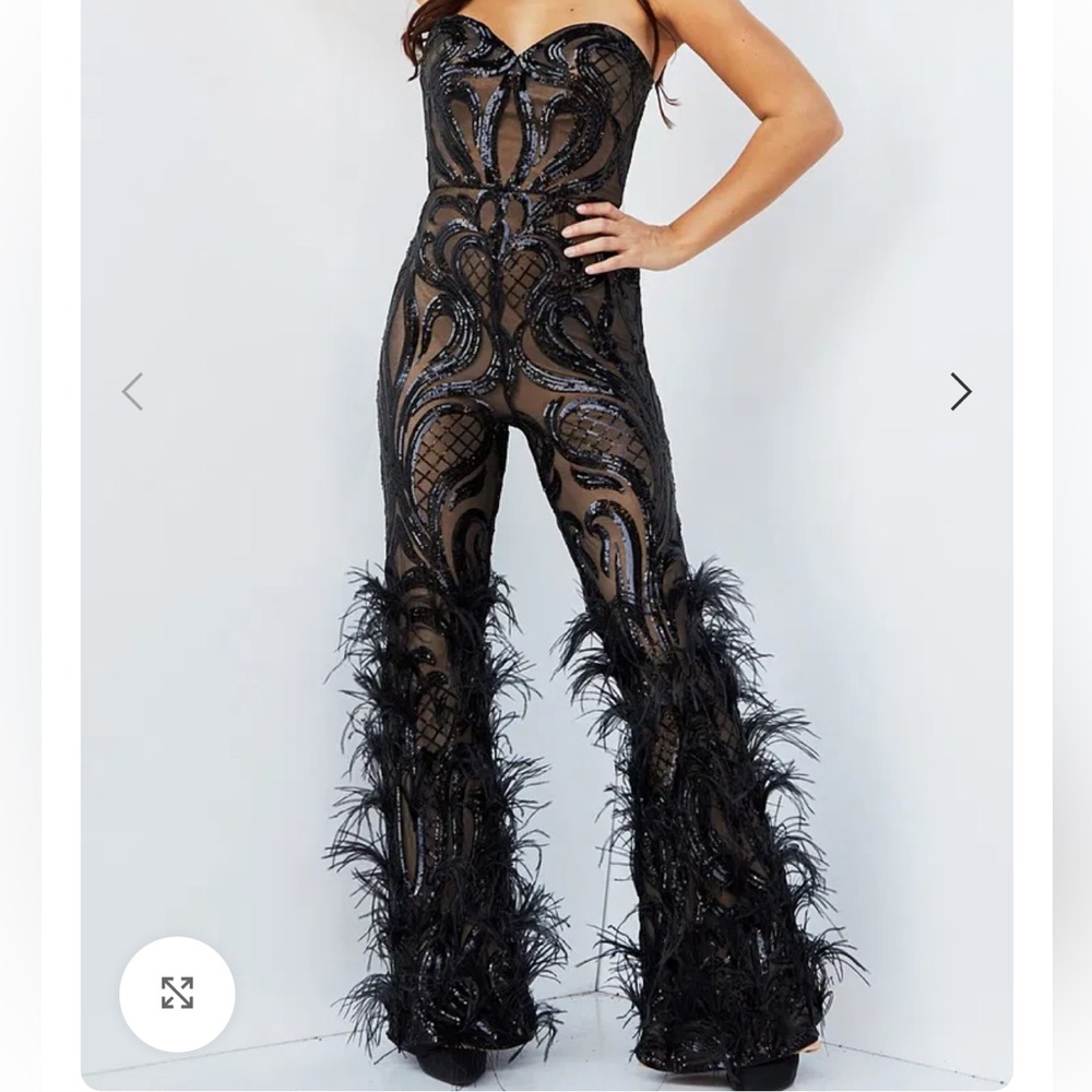 Jovani Elegant Black Feathered Jumpsuit